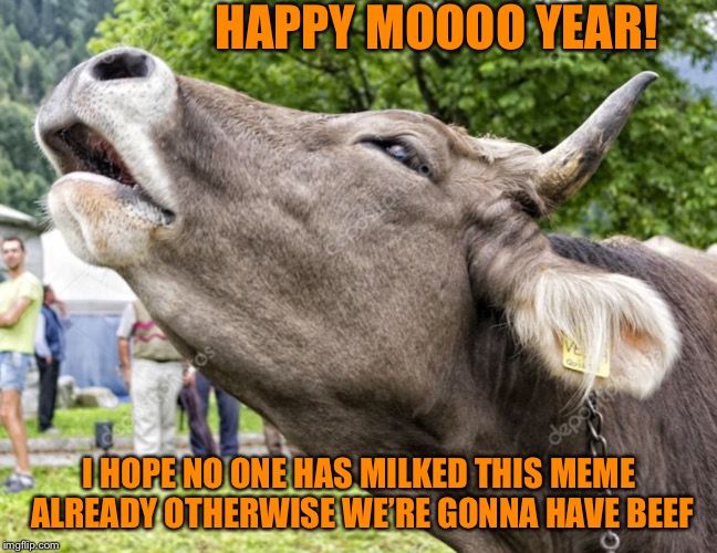 Don’t Have A Cow | HAPPY MOOOO YEAR! I HOPE NO ONE HAS MILKED THIS MEME ALREADY OTHERWISE WE’RE GONNA HAVE BEEF | image tagged in happy new year,new year,memes,2019,cow | made w/ Imgflip meme maker