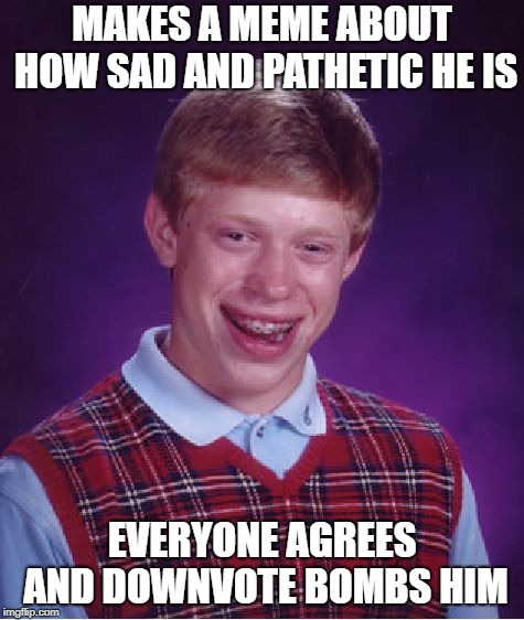 Bad Luck Brian Meme | MAKES A MEME ABOUT HOW SAD AND PATHETIC HE IS EVERYONE AGREES AND DOWNVOTE BOMBS HIM | image tagged in memes,bad luck brian | made w/ Imgflip meme maker