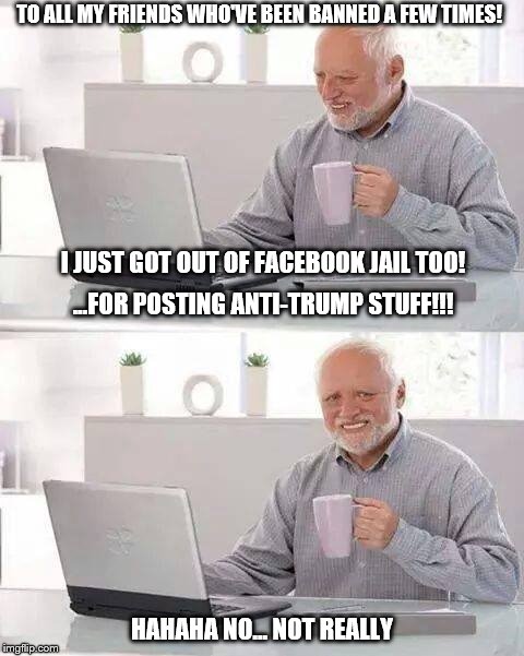 Facebook Jail for Anti-Trump Stuff | TO ALL MY FRIENDS WHO'VE BEEN BANNED A FEW TIMES! I JUST GOT OUT OF FACEBOOK JAIL TOO! ...FOR POSTING ANTI-TRUMP STUFF!!! HAHAHA NO... NOT REALLY | image tagged in memes,hide the pain harold,facebook jail,trump | made w/ Imgflip meme maker