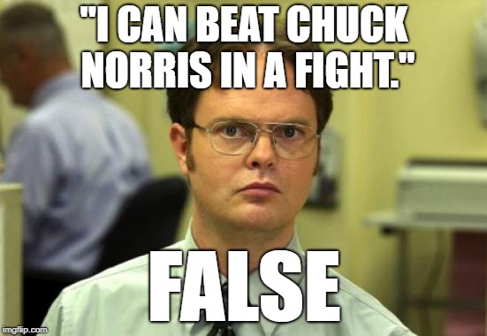 Dwight Schrute | "I CAN BEAT CHUCK NORRIS IN A FIGHT."; FALSE | image tagged in memes,dwight schrute | made w/ Imgflip meme maker