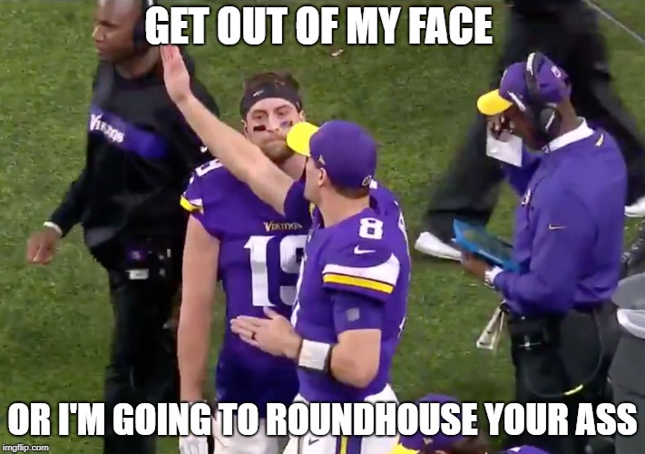 GET OUT OF MY FACE; OR I'M GOING TO ROUNDHOUSE YOUR ASS | image tagged in stepbrothers,minnesota vikings | made w/ Imgflip meme maker