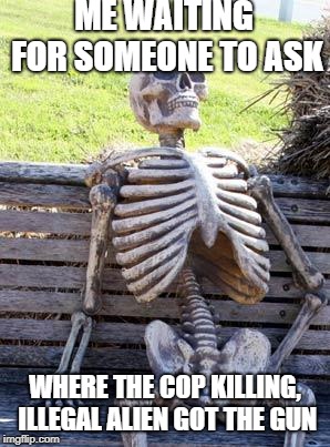 Cop Killing Illegal Alien | ME WAITING FOR SOMEONE TO ASK; WHERE THE COP KILLING, ILLEGAL ALIEN GOT THE GUN | image tagged in memes,waiting skeleton,illegal aliens,cop,killer | made w/ Imgflip meme maker