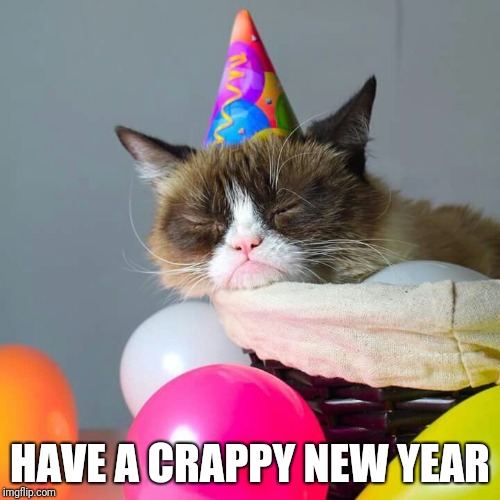 Grumpy Cat In a Party Hat - Happy New Year, Imgflip! | HAVE A CRAPPY NEW YEAR | image tagged in grumpy cat,party hat | made w/ Imgflip meme maker