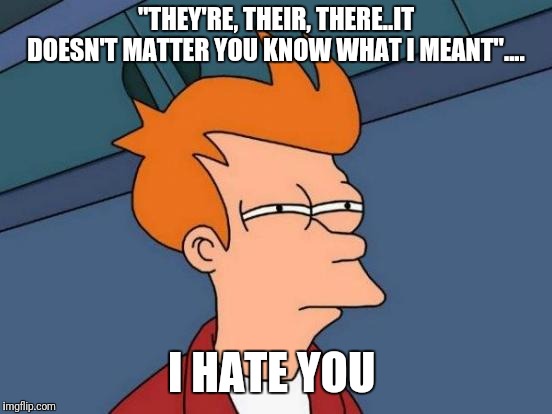 Futurama Fry | "THEY'RE, THEIR, THERE..IT DOESN'T MATTER YOU KNOW WHAT I MEANT".... I HATE YOU | image tagged in memes,futurama fry | made w/ Imgflip meme maker