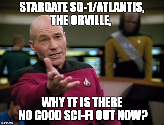 Captain Picard WTF! | STARGATE SG-1/ATLANTIS, THE ORVILLE, WHY TF IS THERE NO GOOD SCI-FI OUT NOW? | image tagged in captain picard wtf | made w/ Imgflip meme maker