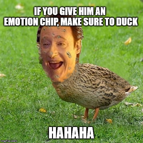 The Data Ducky | IF YOU GIVE HIM AN EMOTION CHIP, MAKE SURE TO DUCK HAHAHA | image tagged in the data ducky | made w/ Imgflip meme maker
