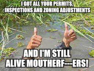 FLOODING THUMBS UP | I GOT ALL YOUR PERMITS, INSPECTIONS AND ZONING ADJUSTMENTS AND I'M STILL ALIVE MOUTHERF---ERS! | image tagged in flooding thumbs up | made w/ Imgflip meme maker