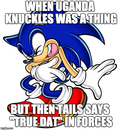 Sonic the Hedgehog Laughing | WHEN UGANDA KNUCKLES WAS A THING; BUT THEN TAILS SAYS "TRUE DAT" IN FORCES | image tagged in sonic the hedgehog laughing | made w/ Imgflip meme maker
