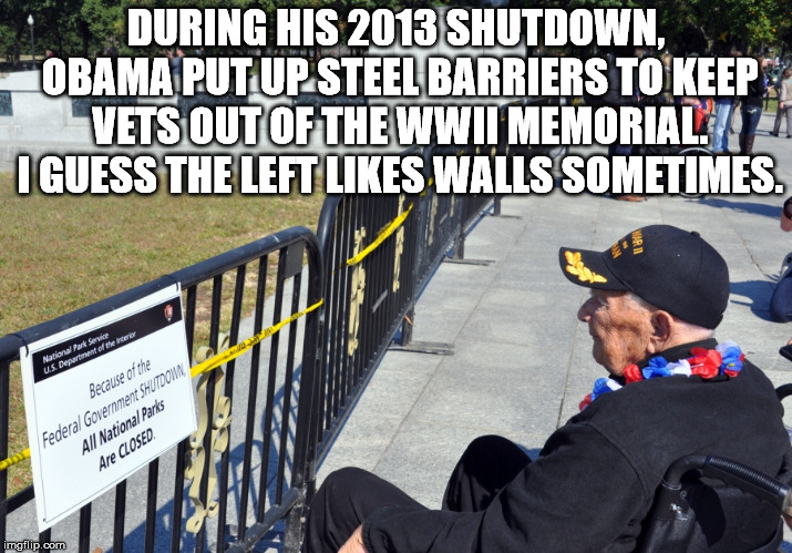 The left will block veterans, but not illegal aliens. | DURING HIS 2013 SHUTDOWN, OBAMA PUT UP STEEL BARRIERS TO KEEP VETS OUT OF THE WWII MEMORIAL. I GUESS THE LEFT LIKES WALLS SOMETIMES. | image tagged in wwii memorial | made w/ Imgflip meme maker