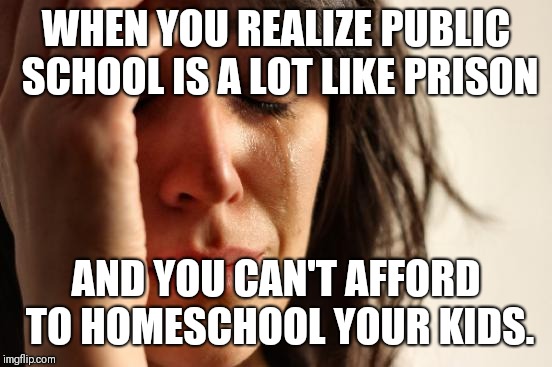 School is lot like prison if you think about. | WHEN YOU REALIZE PUBLIC SCHOOL IS A LOT LIKE PRISON; AND YOU CAN'T AFFORD TO HOMESCHOOL YOUR KIDS. | image tagged in memes,first world problems | made w/ Imgflip meme maker