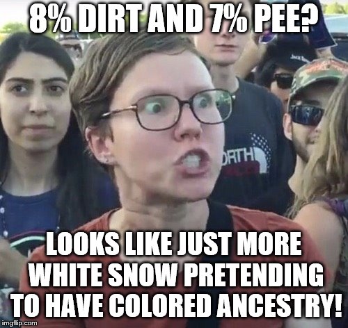 Triggered feminist | 8% DIRT AND 7% PEE? LOOKS LIKE JUST MORE WHITE SNOW PRETENDING TO HAVE COLORED ANCESTRY! | image tagged in triggered feminist | made w/ Imgflip meme maker