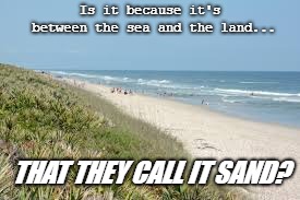 Is it because it's between the sea and the land... THAT THEY CALL IT SAND? | image tagged in seashore | made w/ Imgflip meme maker