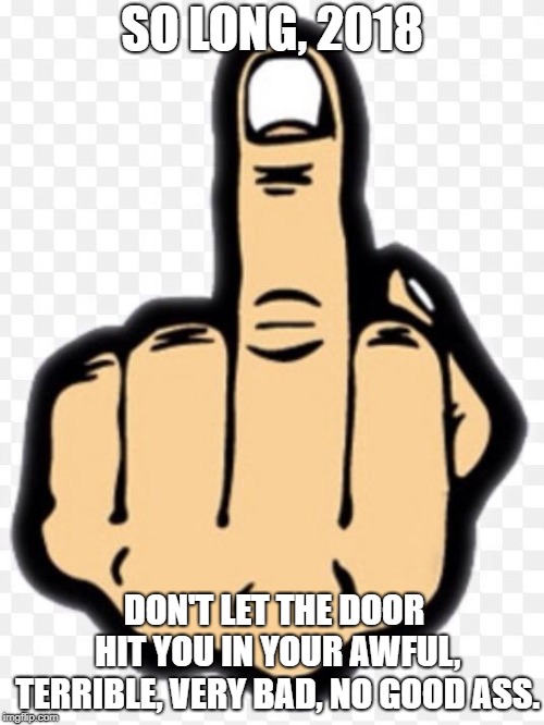 middle finger | SO LONG, 2018; DON'T LET THE DOOR HIT YOU IN YOUR AWFUL, TERRIBLE, VERY BAD, NO GOOD ASS. | image tagged in middle finger | made w/ Imgflip meme maker
