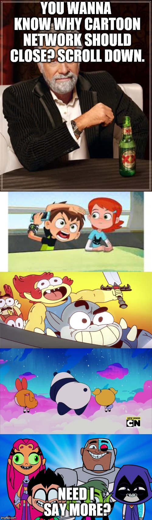 YOU WANNA KNOW WHY CARTOON NETWORK SHOULD CLOSE? SCROLL DOWN. NEED I SAY MORE? | image tagged in memes,the most interesting man in the world | made w/ Imgflip meme maker