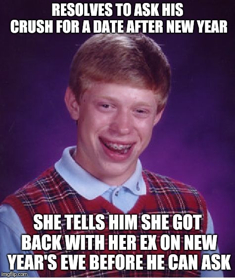 FML! Well, they do have kids together... | RESOLVES TO ASK HIS CRUSH FOR A DATE AFTER NEW YEAR; SHE TELLS HIM SHE GOT BACK WITH HER EX ON NEW YEAR'S EVE BEFORE HE CAN ASK | image tagged in memes,bad luck brian,new year resolutions,when your crush,heartbreak,baby daddy | made w/ Imgflip meme maker