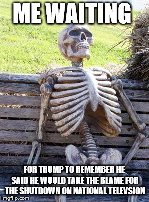 Waiting Skeleton | ME WAITING; FOR TRUMP TO REMEMBER HE SAID HE WOULD TAKE THE BLAME FOR THE SHUTDOWN ON NATIONAL TELEVSION | image tagged in memes,waiting skeleton | made w/ Imgflip meme maker