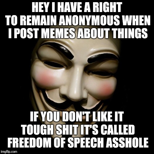 Anonymous Mask | HEY I HAVE A RIGHT TO REMAIN ANONYMOUS WHEN I POST MEMES ABOUT THINGS; IF YOU DON'T LIKE IT TOUGH SHIT IT'S CALLED FREEDOM OF SPEECH ASSHOLE | image tagged in anonymous mask | made w/ Imgflip meme maker