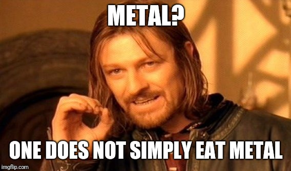 One Does Not Simply Meme | METAL? ONE DOES NOT SIMPLY EAT METAL | image tagged in memes,one does not simply | made w/ Imgflip meme maker