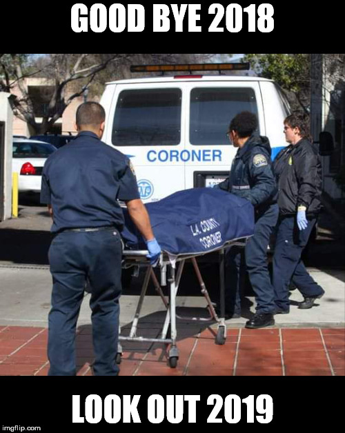 Do not let the coroner be your designated driver! | GOOD BYE 2018; LOOK OUT 2019 | image tagged in do not let the coroner be your designated driver | made w/ Imgflip meme maker