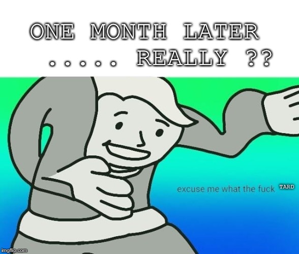 Excuse me, what the fuck | ONE MONTH LATER  ..... REALLY ?? TARD | image tagged in excuse me what the fuck | made w/ Imgflip meme maker