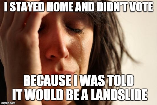 First World Problems Meme | I STAYED HOME AND DIDN'T VOTE BECAUSE I WAS TOLD IT WOULD BE A LANDSLIDE | image tagged in memes,first world problems | made w/ Imgflip meme maker