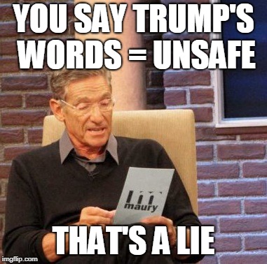 Maury Lie Detector Meme | YOU SAY TRUMP'S WORDS = UNSAFE THAT'S A LIE | image tagged in memes,maury lie detector | made w/ Imgflip meme maker