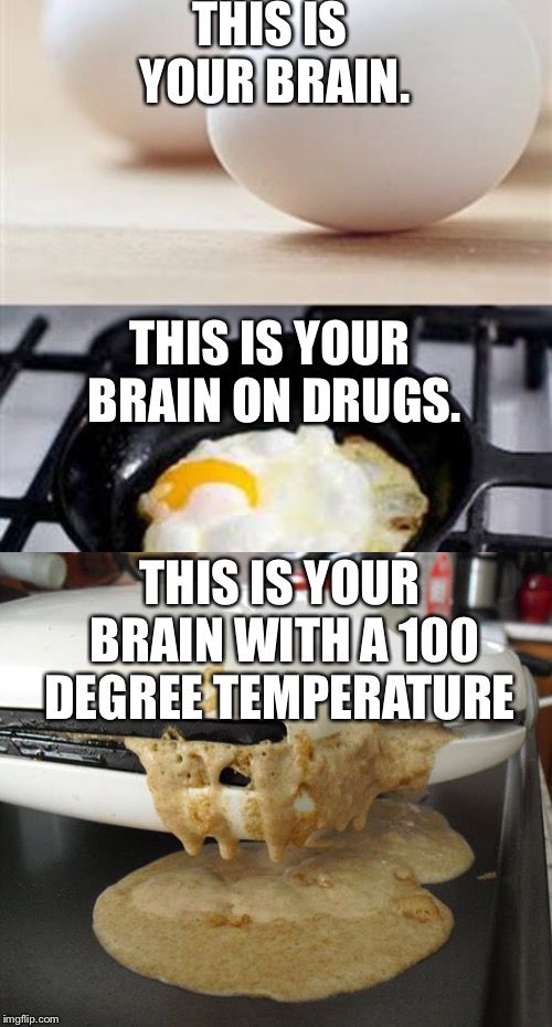 THIS IS YOUR BRAIN. THIS IS YOUR BRAIN ON DRUGS. THIS IS YOUR BRAIN WITH A 100 DEGREE TEMPERATURE | image tagged in brain brain on drugs egg | made w/ Imgflip meme maker