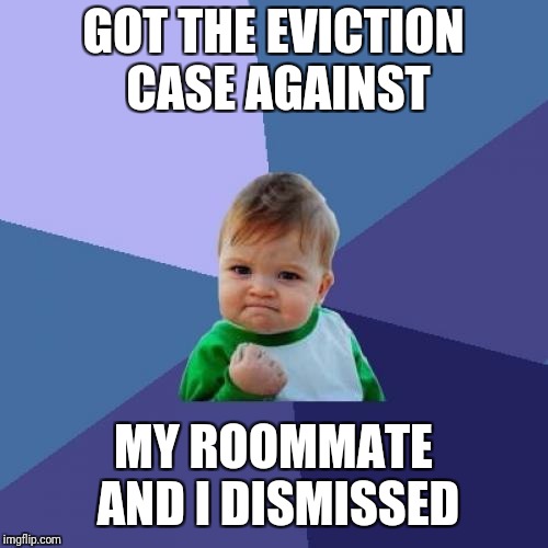 Success Kid Meme | GOT THE EVICTION CASE AGAINST; MY ROOMMATE AND I DISMISSED | image tagged in memes,success kid | made w/ Imgflip meme maker