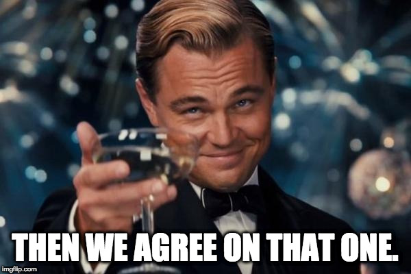 Leonardo Dicaprio Cheers Meme | THEN WE AGREE ON THAT ONE. | image tagged in memes,leonardo dicaprio cheers | made w/ Imgflip meme maker
