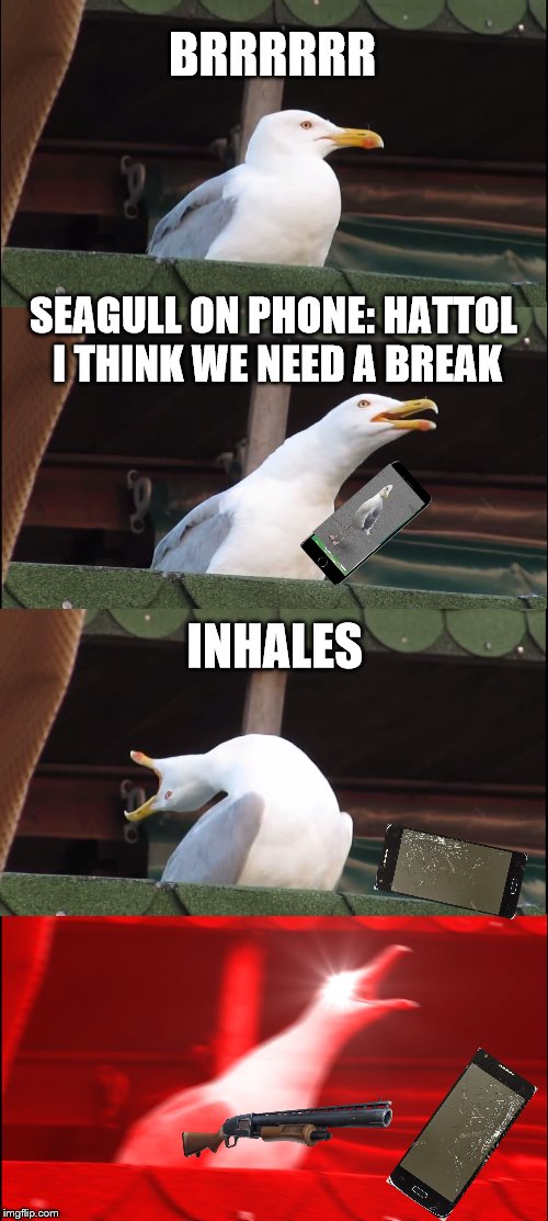 Inhaling Seagull Meme | BRRRRRR; SEAGULL ON PHONE: HATTOL I THINK WE NEED A BREAK; INHALES | image tagged in memes,inhaling seagull | made w/ Imgflip meme maker
