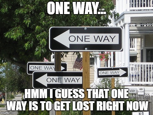 One way | ONE WAY... HMM I GUESS THAT ONE WAY IS TO GET LOST RIGHT NOW | image tagged in one way | made w/ Imgflip meme maker