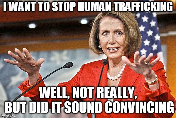 Nancy Pelosi is crazy | I WANT TO STOP HUMAN TRAFFICKING; WELL, NOT REALLY, BUT DID IT SOUND CONVINCING | image tagged in nancy pelosi is crazy | made w/ Imgflip meme maker