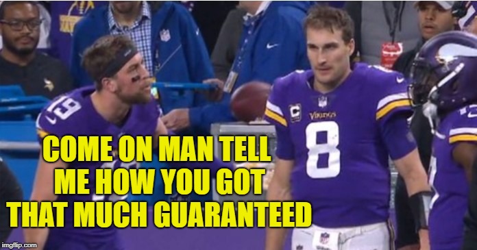 Vikings Cousins | COME ON MAN TELL ME HOW YOU GOT THAT MUCH GUARANTEED | image tagged in vikings cousins | made w/ Imgflip meme maker