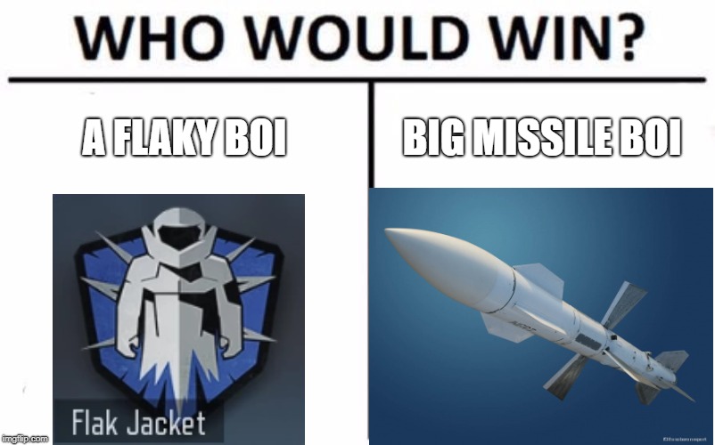 flaky or boomo | A FLAKY BOI; BIG MISSILE BOI | image tagged in memes,who would win,cod | made w/ Imgflip meme maker