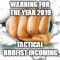 did i do it right? haven't memed all year... | WARNING FOR THE YEAR 2019; TACTICAL BROFIST INCOMING | image tagged in brofist,memes,2019,sylvester,happy new year | made w/ Imgflip meme maker