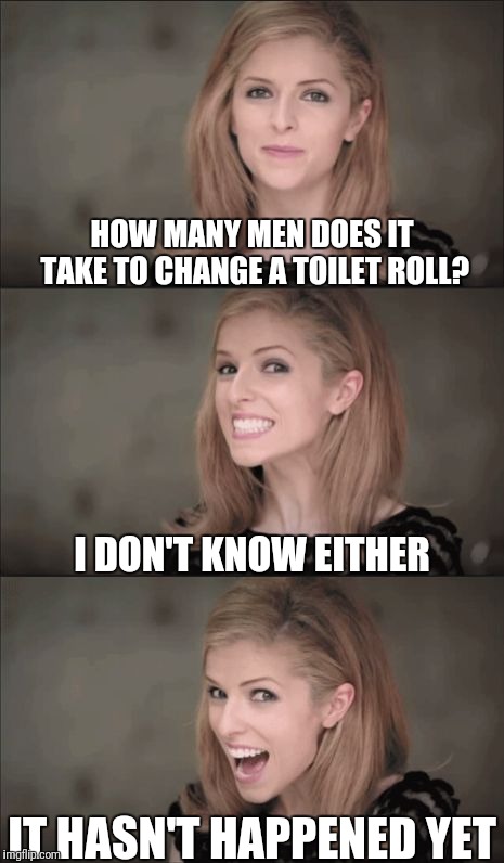 How many men? | HOW MANY MEN DOES IT TAKE TO CHANGE A TOILET ROLL? I DON'T KNOW EITHER; IT HASN'T HAPPENED YET | image tagged in memes,bad pun anna kendrick,funny,funny memes,toilet paper | made w/ Imgflip meme maker