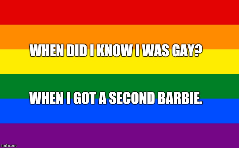 Rainbow flag | WHEN DID I KNOW I WAS GAY? WHEN I GOT A SECOND BARBIE. | image tagged in rainbow flag | made w/ Imgflip meme maker