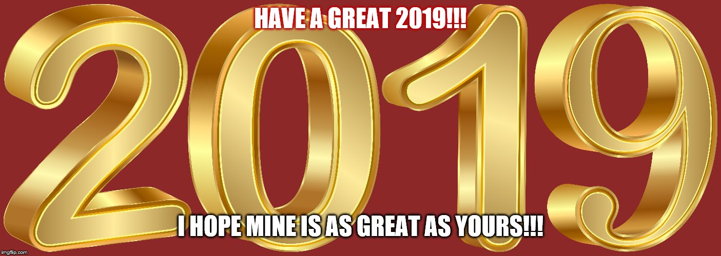 Have A Great New Year and 2019! | HAVE A GREAT 2019!!! I HOPE MINE IS AS GREAT AS YOURS!!! | image tagged in happy new year,2019,new years eve | made w/ Imgflip meme maker
