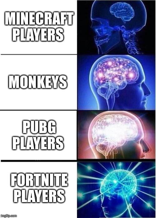 Expanding Brain | MINECRAFT PLAYERS; MONKEYS; PUBG PLAYERS; FORTNITE  PLAYERS | image tagged in memes,expanding brain | made w/ Imgflip meme maker