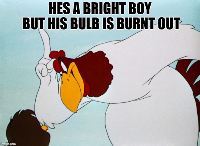 fog horn | HES A BRIGHT BOY BUT HIS BULB IS BURNT OUT | image tagged in fog horn | made w/ Imgflip meme maker