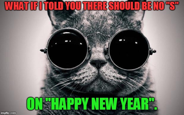 There's always someone saying, "Happy New Years". Drives me nuts! | WHAT IF I TOLD YOU THERE SHOULD BE NO "S"; ON "HAPPY NEW YEAR". | image tagged in morpheus cat,nixieknox,leave off the s | made w/ Imgflip meme maker