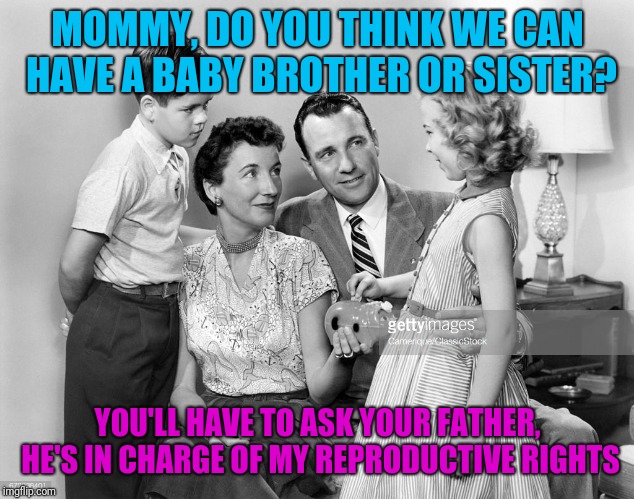 MOMMY, DO YOU THINK WE CAN HAVE A BABY BROTHER OR SISTER? YOU'LL HAVE TO ASK YOUR FATHER, HE'S IN CHARGE OF MY REPRODUCTIVE RIGHTS | made w/ Imgflip meme maker