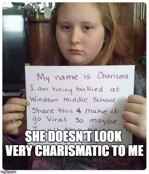 Bullying is bad, mkay | SHE DOESN'T LOOK VERY CHARISMATIC TO ME | image tagged in charisma,charismatic,school,student,girl,bullying | made w/ Imgflip meme maker
