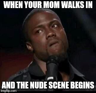 Kevin Hart  | WHEN YOUR MOM WALKS IN; AND THE NUDE SCENE BEGINS | image tagged in kevin hart | made w/ Imgflip meme maker