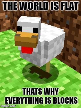 Minecraft Advice Chicken | THE WORLD IS FLAT; THATS WHY EVERYTHING IS BLOCKS | image tagged in minecraft advice chicken | made w/ Imgflip meme maker