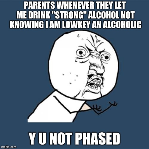 Y U No Meme | PARENTS WHENEVER THEY LET ME DRINK "STRONG" ALCOHOL NOT KNOWING I AM LOWKEY AN ALCOHOLIC; Y U NOT PHASED | image tagged in memes,y u no | made w/ Imgflip meme maker
