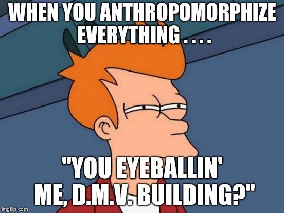 Futurama Fry | WHEN YOU ANTHROPOMORPHIZE EVERYTHING . . . . "YOU EYEBALLIN' ME, D.M.V. BUILDING?" | image tagged in memes,futurama fry | made w/ Imgflip meme maker