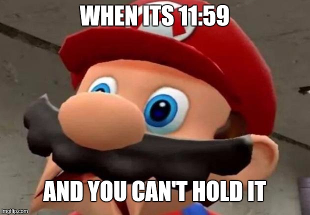 Mario WTF | WHEN ITS 11:59; AND YOU CAN'T HOLD IT | image tagged in mario wtf | made w/ Imgflip meme maker