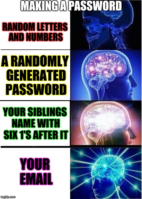 How'd I Get Hacked? | MAKING A PASSWORD; RANDOM LETTERS AND NUMBERS; A RANDOMLY GENERATED PASSWORD; YOUR SIBLINGS NAME WITH SIX 1'S AFTER IT; YOUR EMAIL | image tagged in memes,expanding brain | made w/ Imgflip meme maker