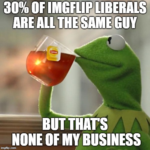 And That Statistic Is Keeping It Low | 30% OF IMGFLIP LIBERALS ARE ALL THE SAME GUY; BUT THAT'S NONE OF MY BUSINESS | image tagged in memes,but thats none of my business,kermit the frog,trolls | made w/ Imgflip meme maker